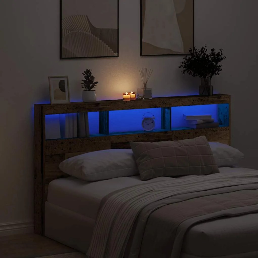 Testiera Con Contenitore A Led Legno Antico 180x17x102 Cm /