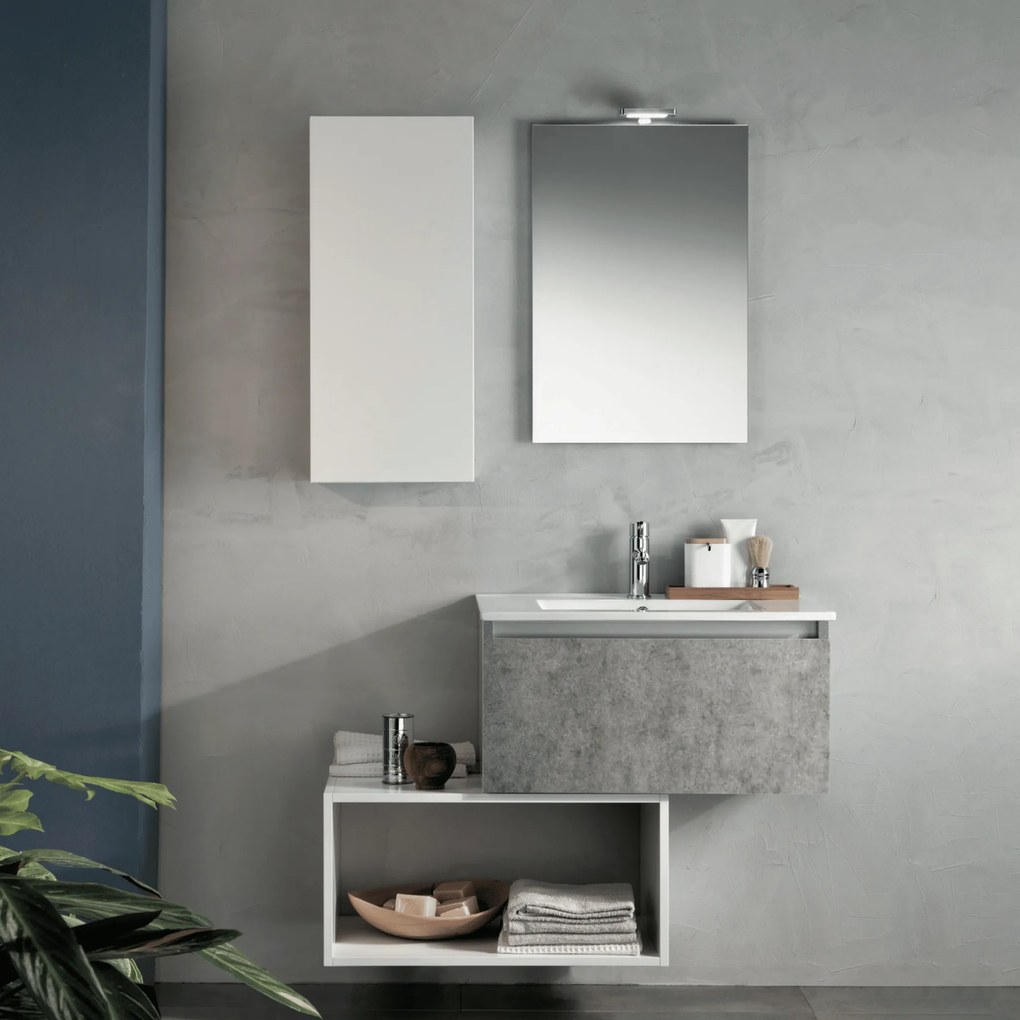 Mobile Bagno Sospeso Sfalsato 70 Cm Due Cassetti Specchio Con Lampada Led 60x80 Cm Italbagno "Ibiza"