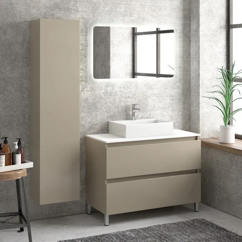 Composizione bagno 100cm installazione a terra: mobile, specchio led e colonna TOD-100D - KAMALU