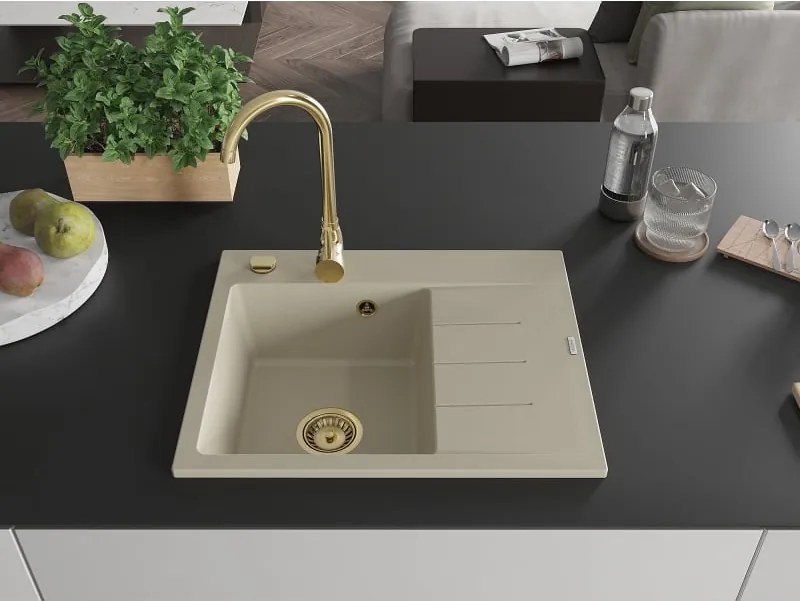 Mexen Ben Lavello in granito 1 vasca con sgocciolatoio, sinistro 600 x 500 mm, beige, sifone dorato - 6522605000-69-G