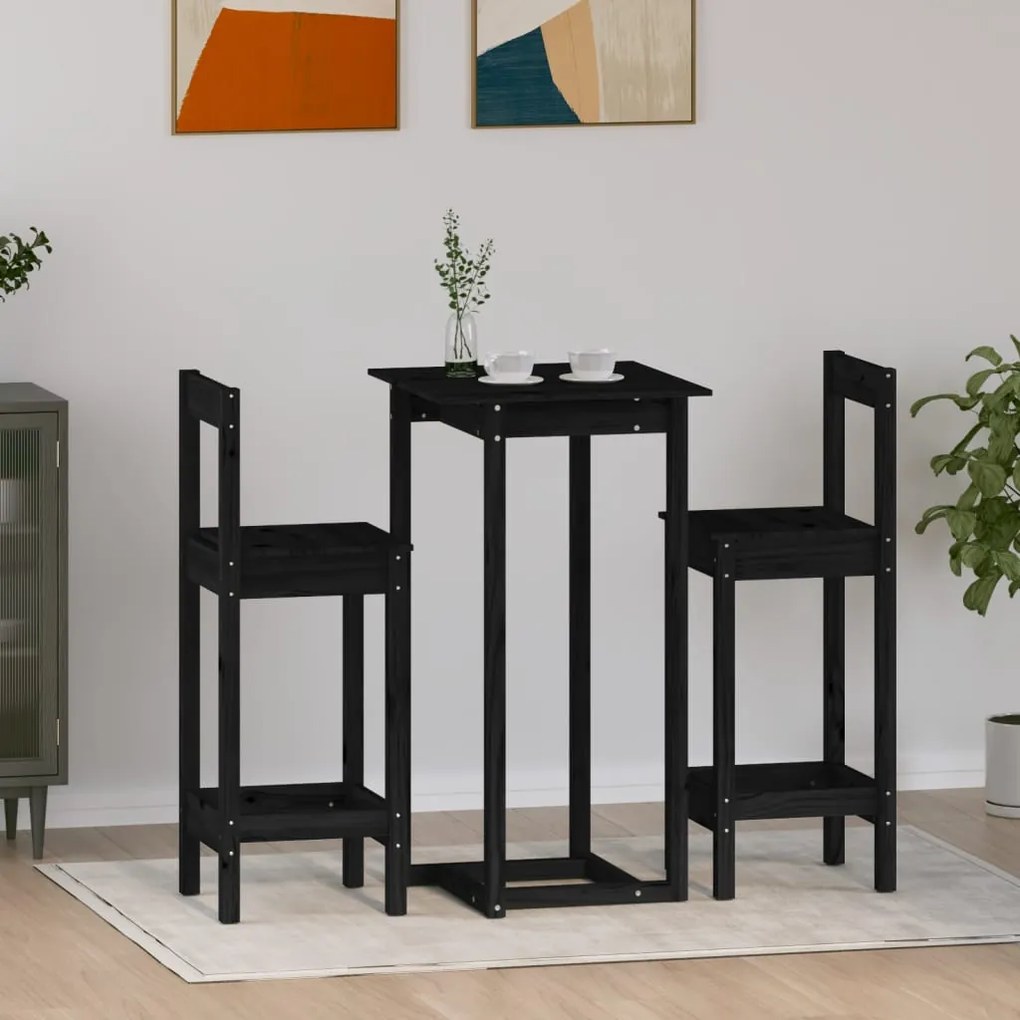 Set da bar 3 pz nero in legno massello di pino