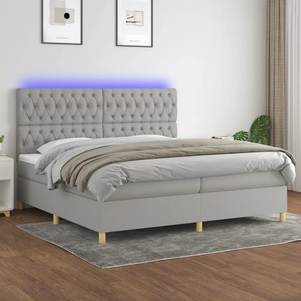 Letto a molle materasso e led grigio chiaro 200x200 cm tessuto