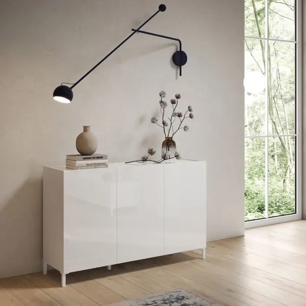 Madia in legno 130 cm a 3 ante e 2 vani con ripiani Bianco Lucido HARAS