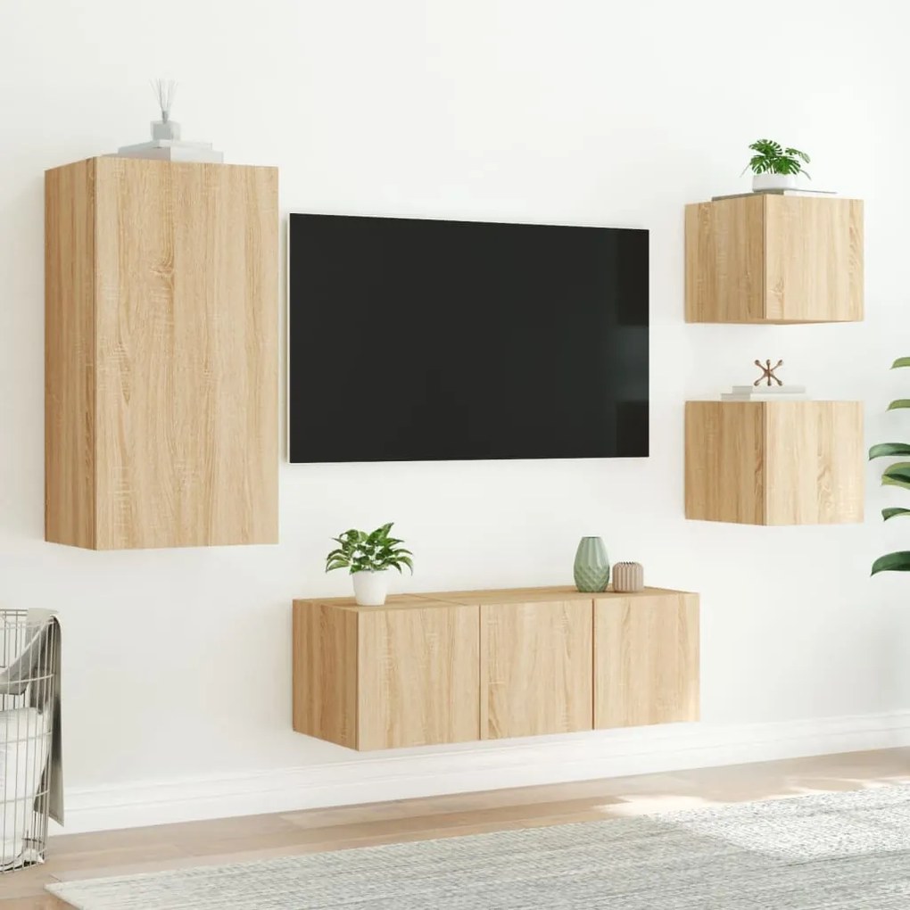 Mobili tv a muro con led 5pz rovere sonoma legno multistrato