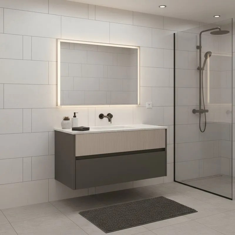 Mobile da bagno sospeso sotto lavabo Niwa 2 cassetti L 89.5 x H 50 x P 45.5 cm grigio e sabbia cannettato