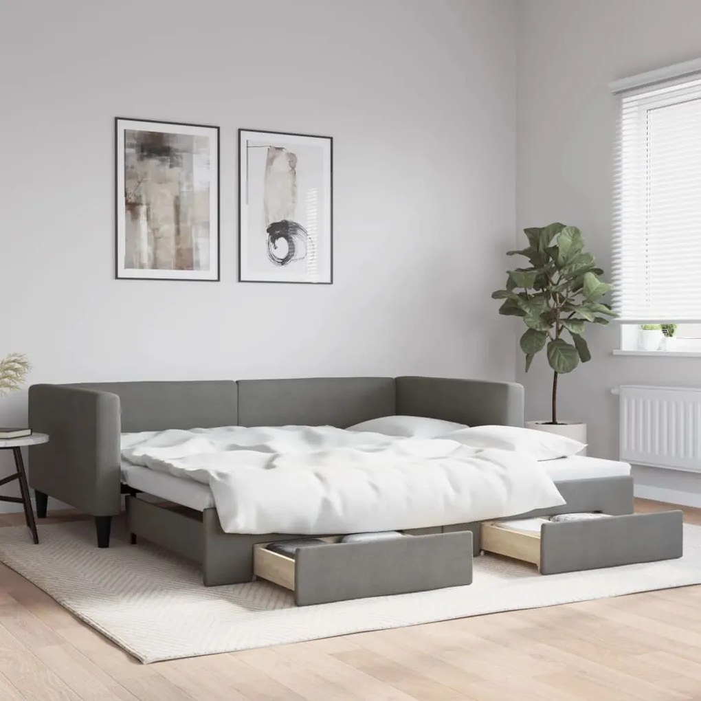 Divano Letto Estraibile Cassetti Grigio Scuro 100x200cm Tessuto /
