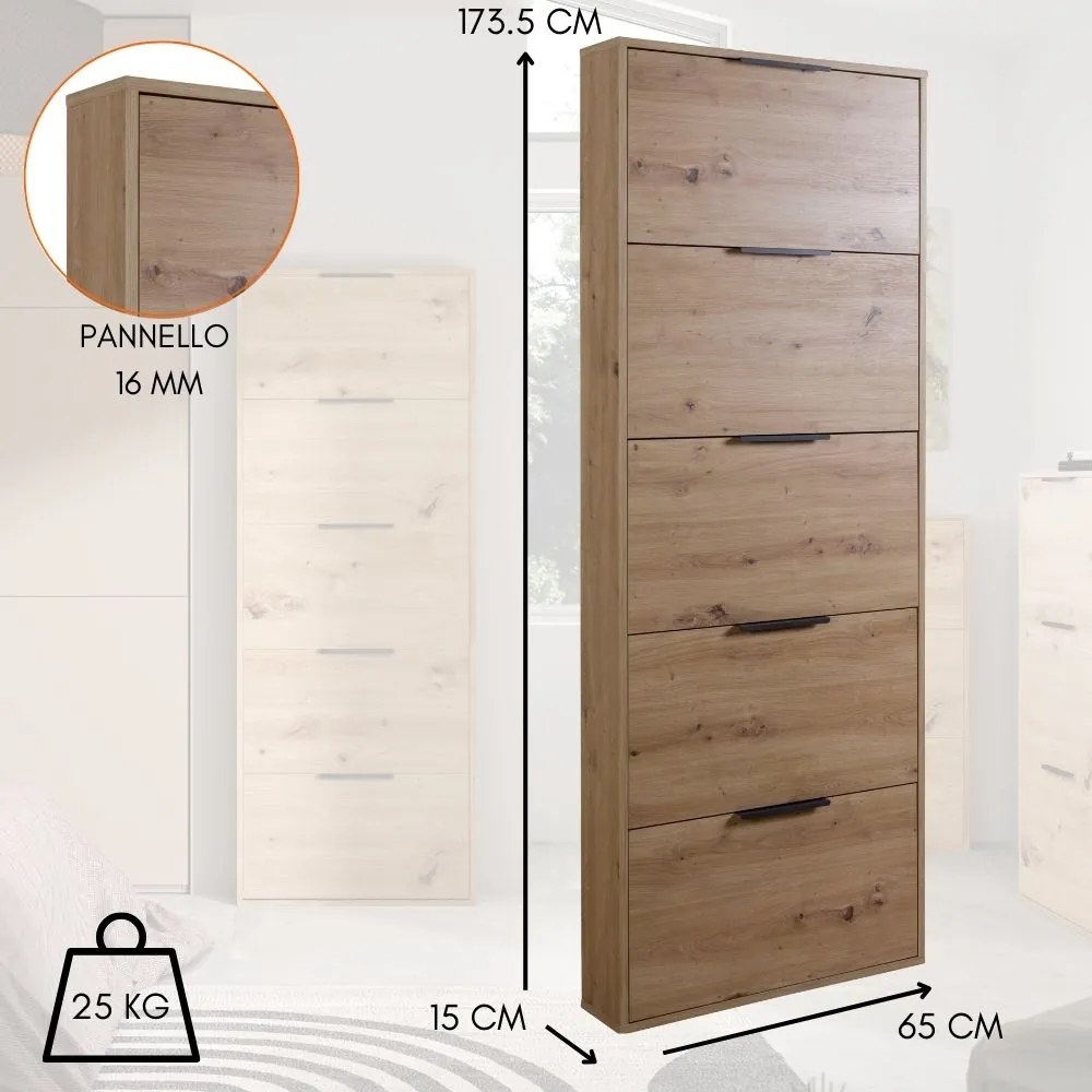 Scarpiera da Ingresso 5 Ante Ribalta Mobile Slim Salvaspazio in Legno Design Moderno