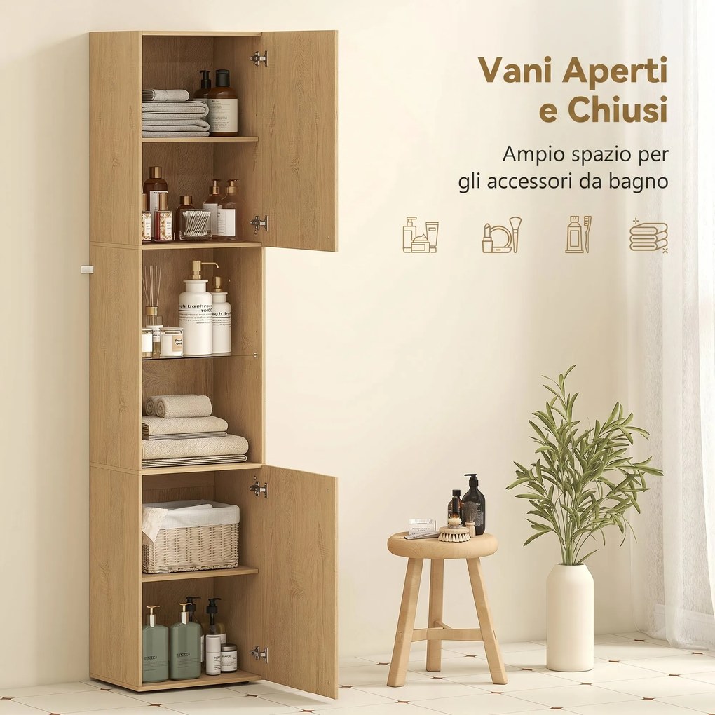 Mobile da Bagno a Colonna Slim 40x31x182H cm 6 Ripiani 2 Ante e Ripiano in Vetro Temperato in MDF Rovere...