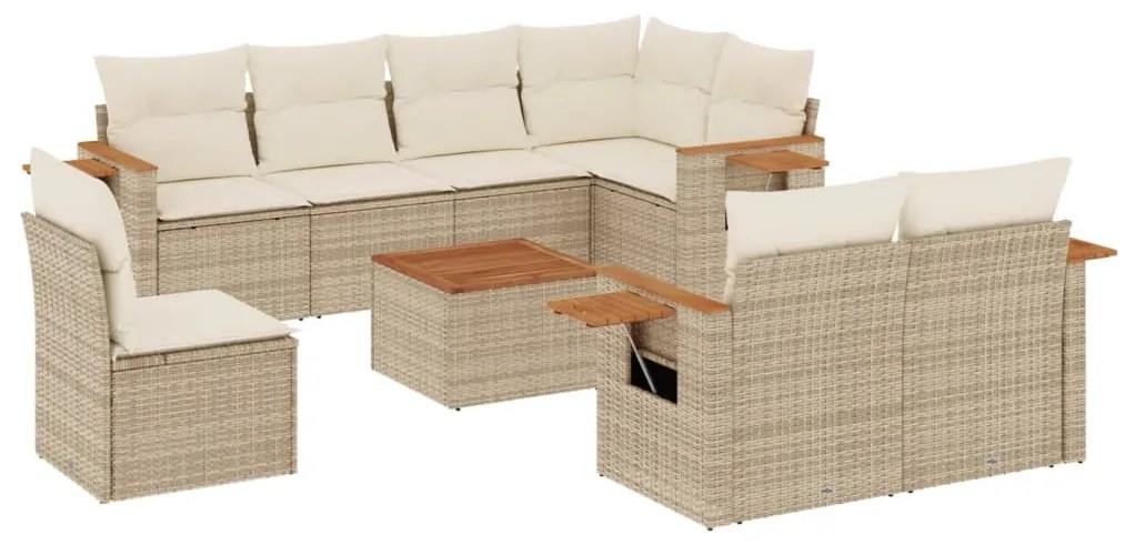 Set divano da giardino 9 pz con cuscini beige in polyrattan