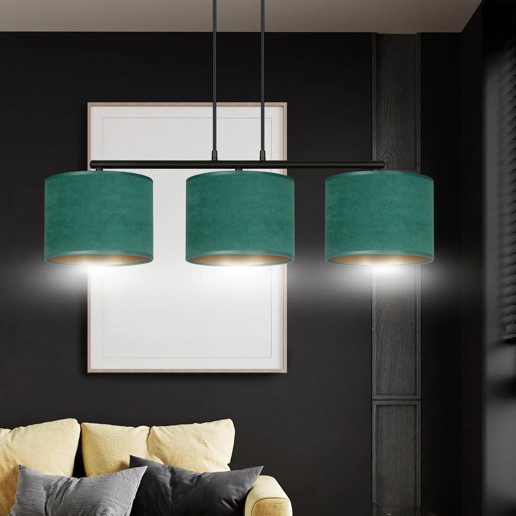 Lampadario 3 Luci Hilde In Acciaio Nero E Paralumi In Tessuto Verde