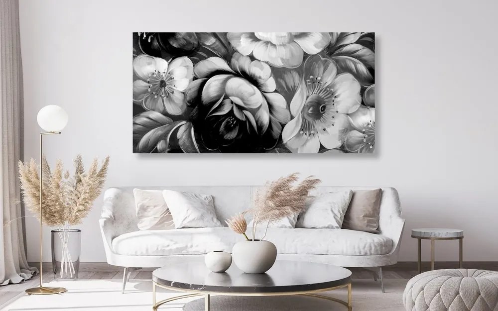 Quadro su tela – Mondo dei fiori in bianco e nero