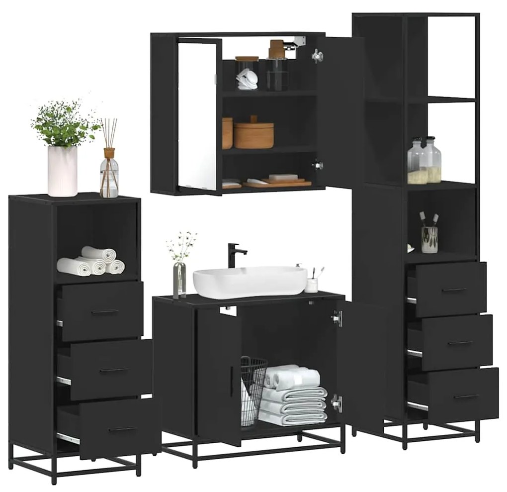 Set Mobili Da Bagno 4 Pz Nero İn Legno Multistrato /