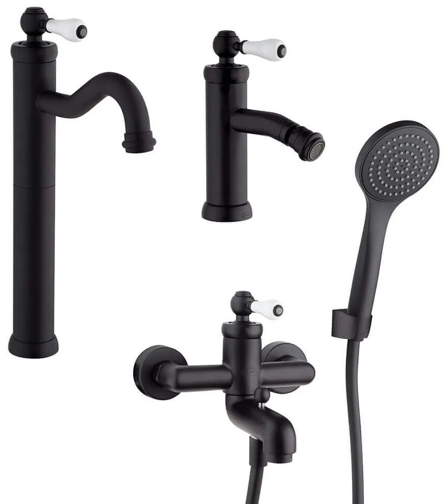 Rubinetti lavabo alto bidet e gruppo vasca Jacuzzi Rubinetteria serie Tosca nero opaco