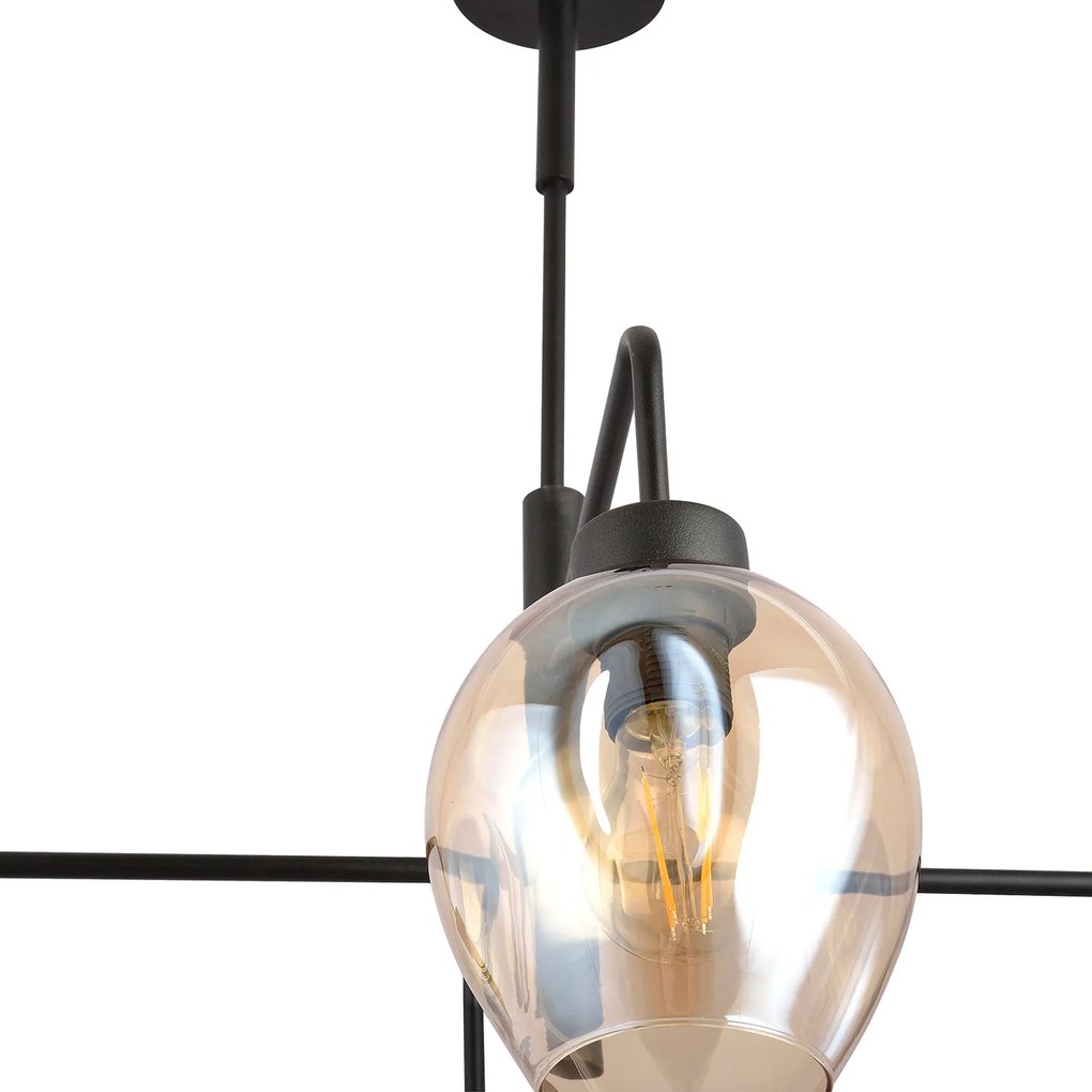Lampadario Moderno 4 Luci Auriga In Accaio Nero E Vetro Ambra