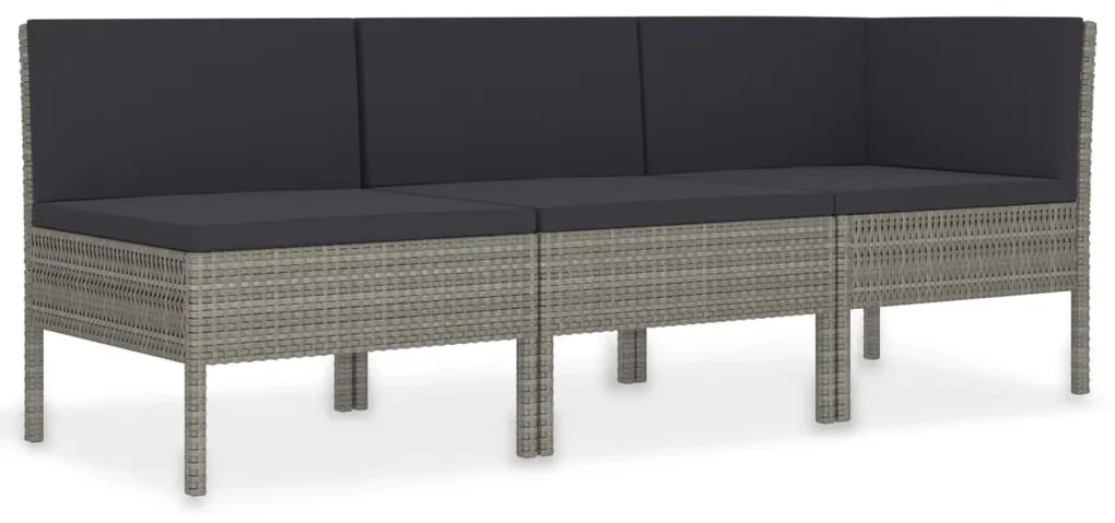 Set divani da giardino 3 pz con cuscini in polyrattan grigio