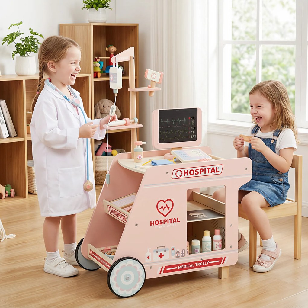 Costway Set da gioco medico in legno per bambini con carrello e accessori, Stazione medica mobile per bambini 3+ anni Rosa