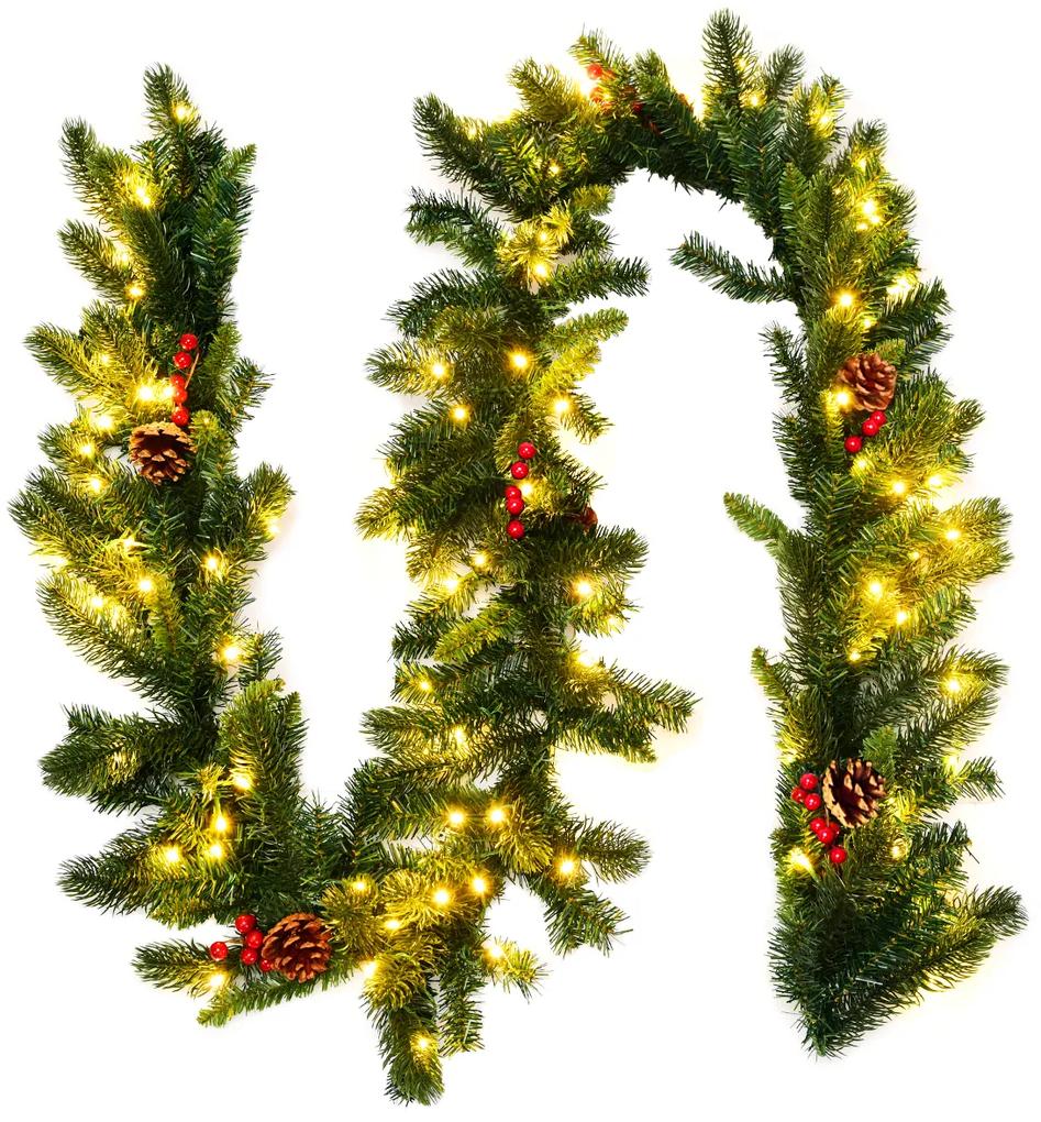 Costway Ghirlanda di Natale di pino illuminata 270cm con 100 luci LED e timer, Ghirlanda artificiale in rattan con pigne