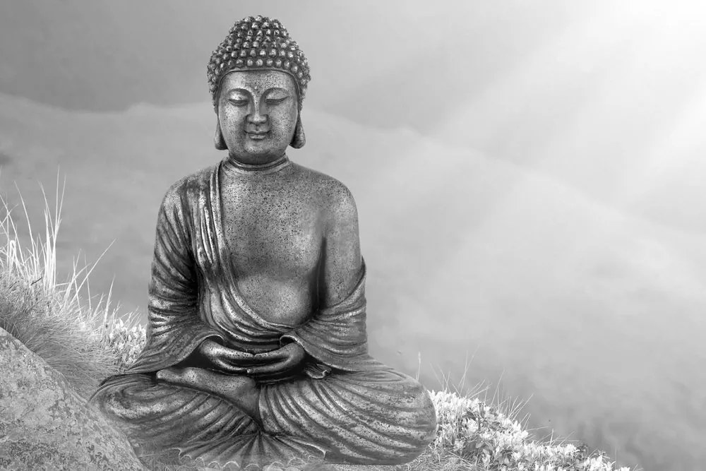 Stampa su tela – Statua del Buddha in posizione meditativa in bianco e nero