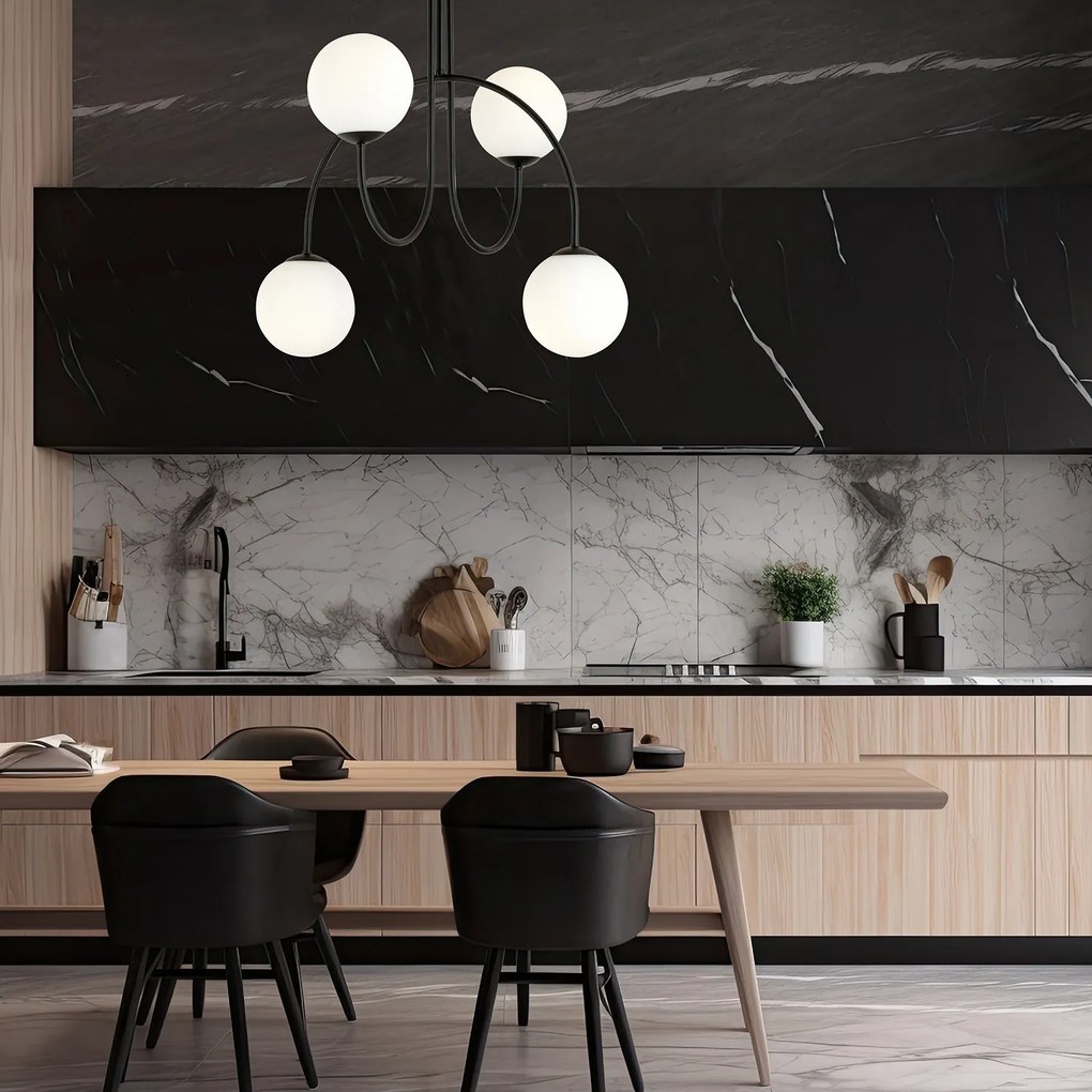 Plafoniera Moderna Utu 4 Luci In Acciaio Nero E Vetro Bianco 50 Cm