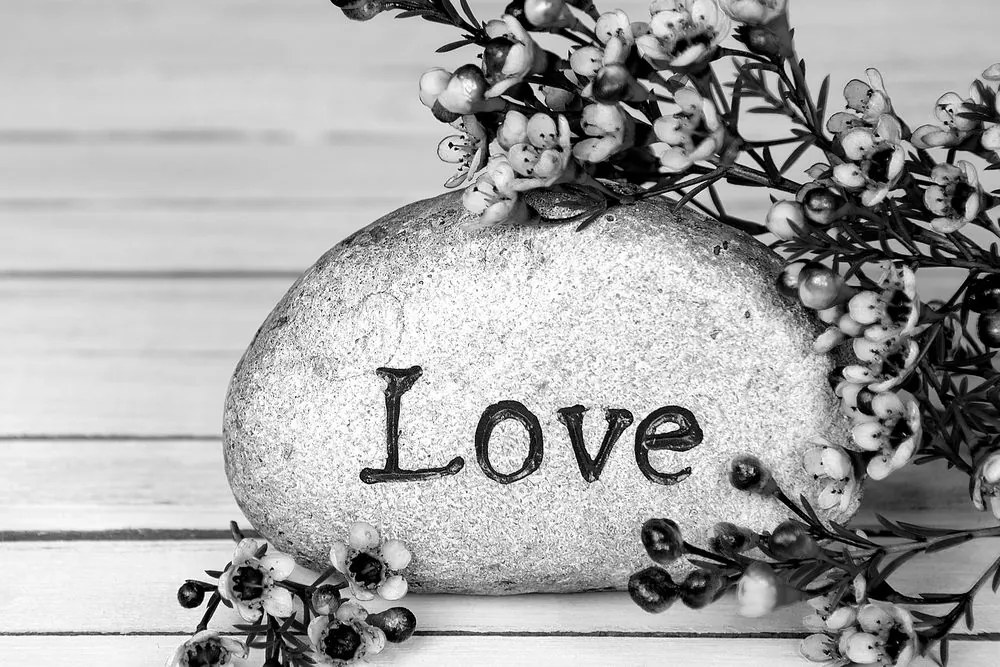 Quadro su tela – Con scritta su pietra Love in bianco e nero