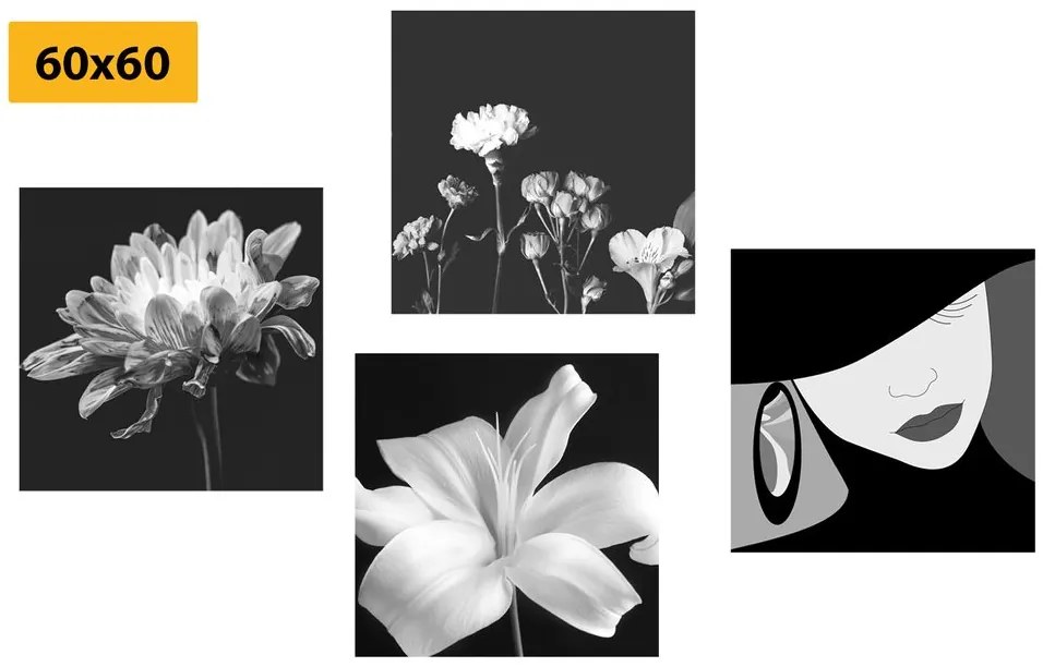 Set di quadri – Eleganza femminile e fiori in bianco e nero