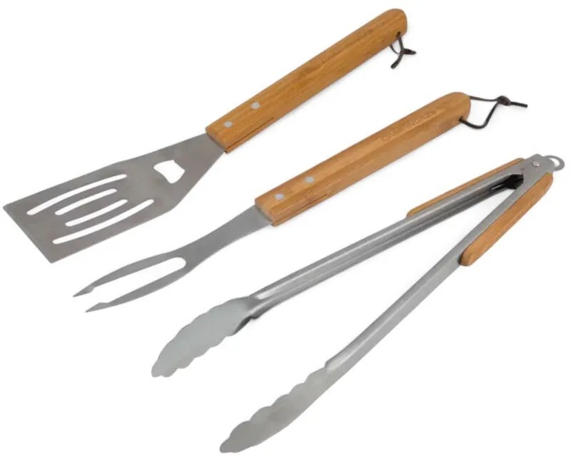 Set utensili barbecue 3 pezzi bamboo manici legno spatola pinza forchettone con laccio per appenderli