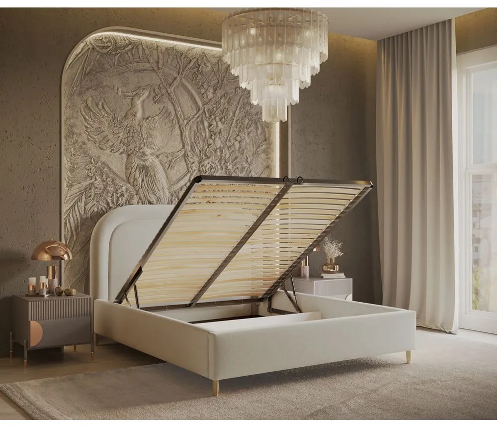 Letto matrimoniale imbottito crema con spazio contenitivo e rete 180x200 cm Mija - Maison de Rêve