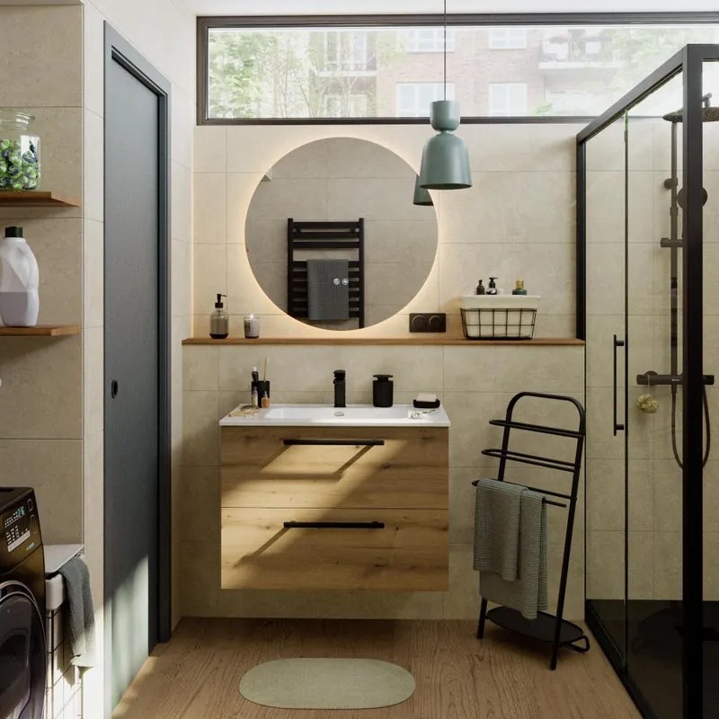 Mobile bagno sospeso con lavabo L 80 x H 57,7 x P 45 cm rovere rustico truciolare 2 cassetti | Remix