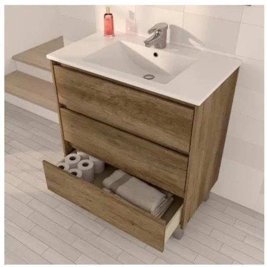 Mobile bagno 80 cm con lavabo, colonna e specchio rovere - Dakota 96249