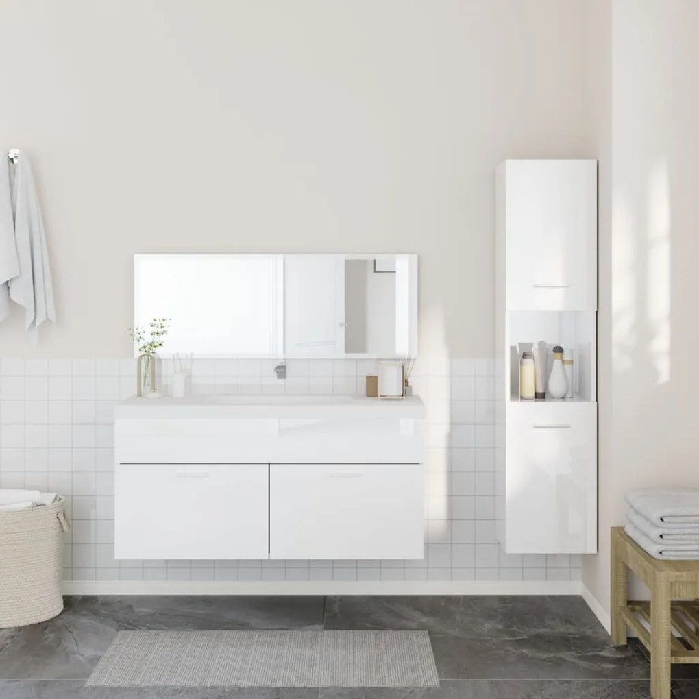 Set mobili da bagno 3 pz bianco lucido in legno multistrato