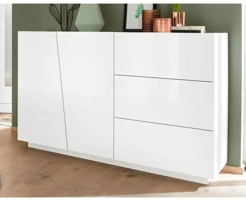 Credenza moderna VEGA con 2 ante battenti e 3 cassetti, bianco lucido 140