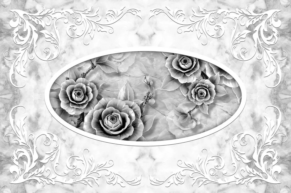 Carta da parati autoadesiva – Rose di pietra in bianco e nero
