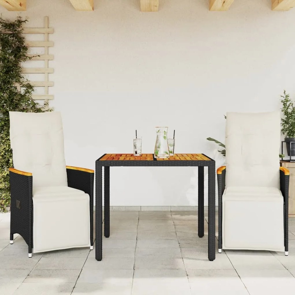 Set Bistrò Da Giardino 3 Pz Con Cuscini İn Polyrattan Nero /