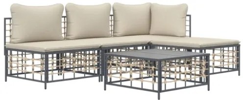 Set Divani da Giardino 5 pz con Cuscini Antracite in Polyrattan