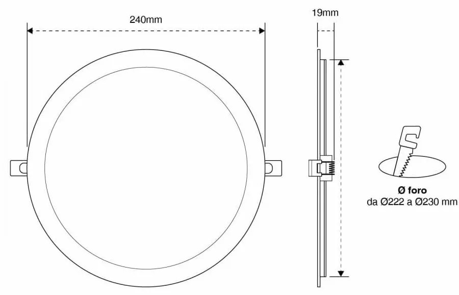 Pannello LED Rotondo 24W, 2.400lm, no Flickering, Foro Ø222-230mm Colore Bianco Caldo 3.000K