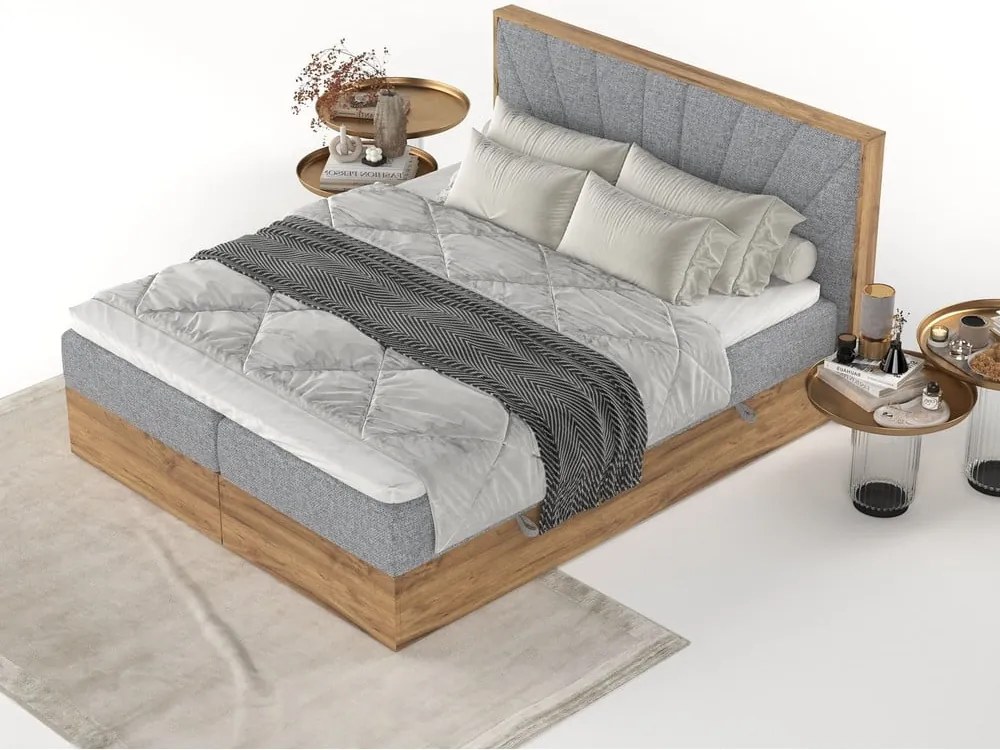 Letto boxspring con contenitore in grigio-naturale 140x200 cm Asahi - Maison de Rêve