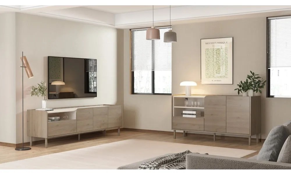 Cassettiera di colore naturale con effetto rovere 141x75,5x44 cm Monza – Marckeric