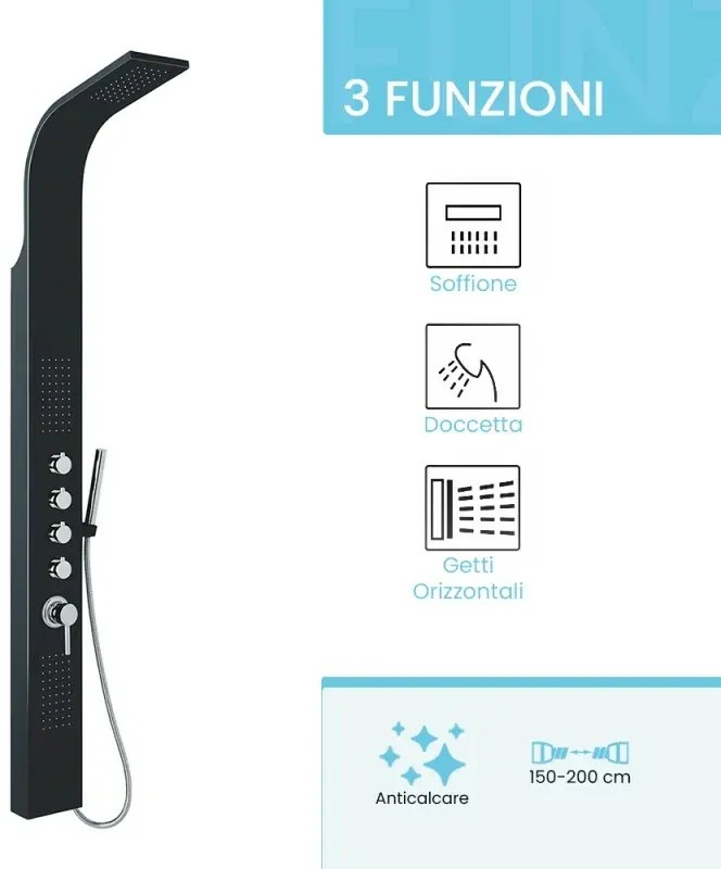 Pannello doccia multifunzione nero in alluminio con 4 funzioni