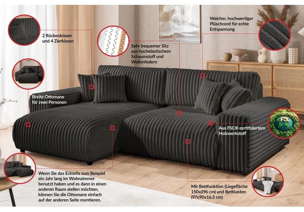 Divano angolare con penisola a sinistra grigio scuro e rivestimento in velluto a coste allungabile e con contenitore Sarina – Ropez