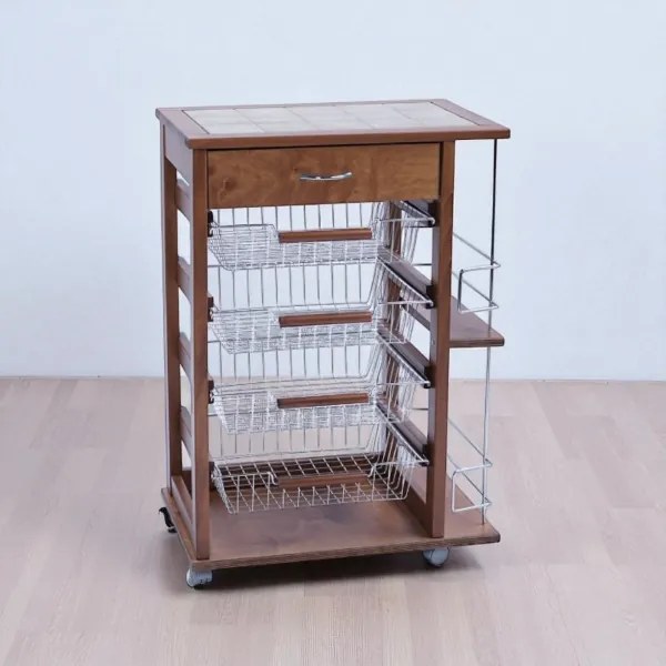 Carrello porta frutta con cassetto e bottigliera NOCE