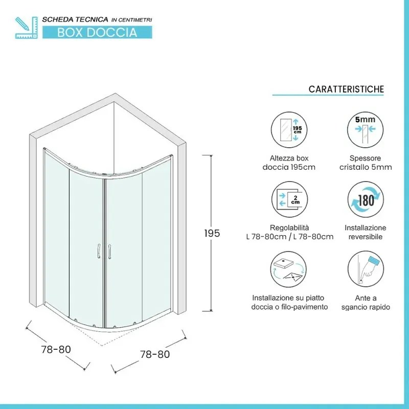 Box doccia semicircolare 80x80 cm cromo scorrevole in cristallo trasparente Tay