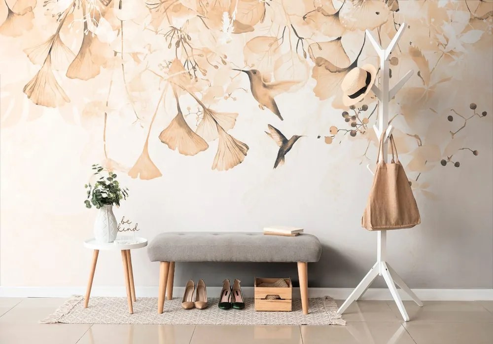 Carta da parati – Foglie con Colibrì in Tonalità Peach Fuzz