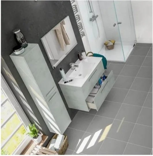 Mobile bagno sospeso 80 cm con colonna, lavabo e specchio color cemento - Aruba 99134