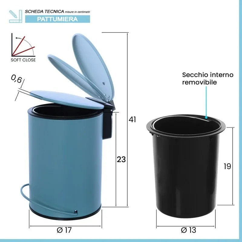Pattumiera in acciaio 3 litri blu soft-close con secchio estraibile Spring