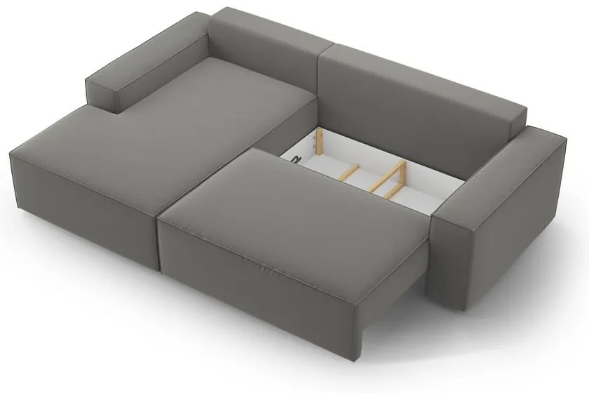 Divano angolare grigio chiaro allungabile/con contenitore (con penisola a sinistra/con chaise lounge) con rivestimento in velluto Jodie – Micadoni