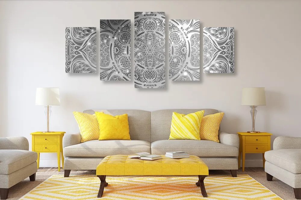 Quadri 5 pezzi – Mandala indiana con sfondo galattico in bianco e nero