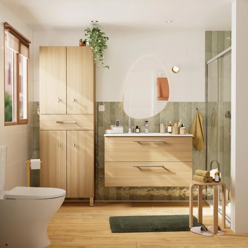 Mobile bagno sospeso con lavabo L 100 x H 57,7 x P 45 cm rovere chiaro truciolare 2 cassetti | Remix
