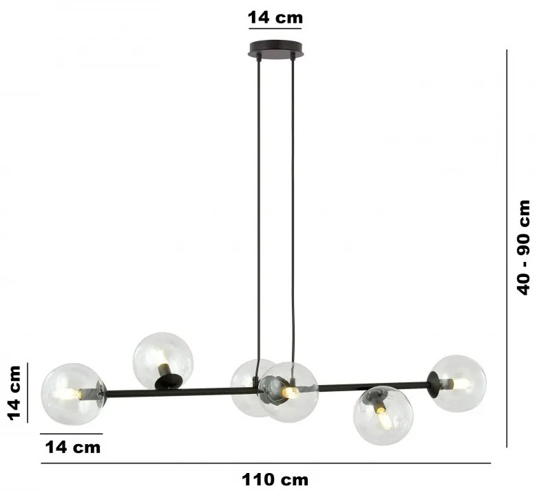 Lampadario a Sospensione in Acciaio e Vetro ROSSI 6 Nero 6xE14 Colore delle Sfere Trasparente