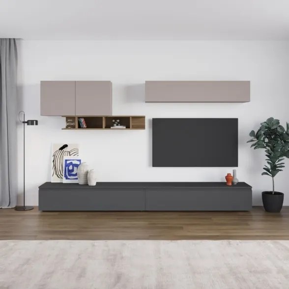 Parete Attrezzata Salotto 300 Cm Con Pensili E Vani Noce Moka E Antracite Monica