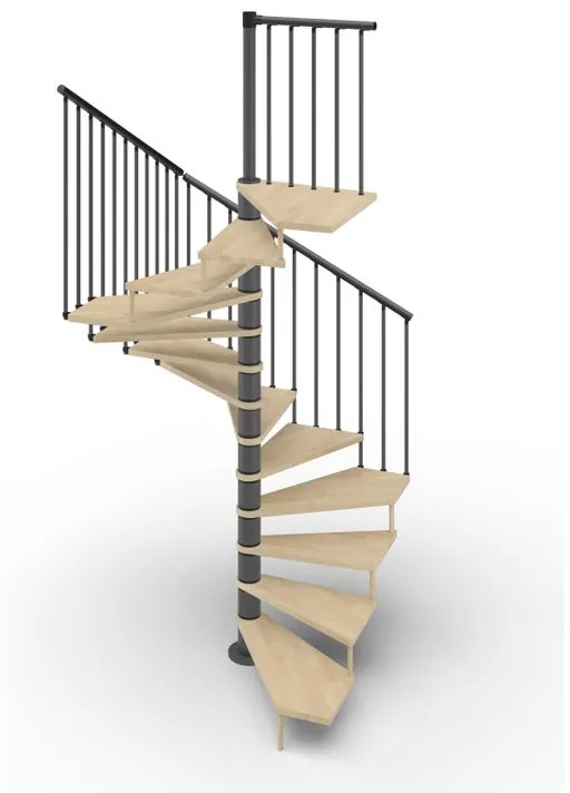 Scala a chiocciola a base quadrata Nara IRIS, larghezza 180 cm, struttura in metallo grigio antracite, gradini in legno faggio